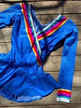 Vtg 80s 90s Catrina Fashions Blue & Rainbow Spandex Leotard Boydsuit Long Sleeve